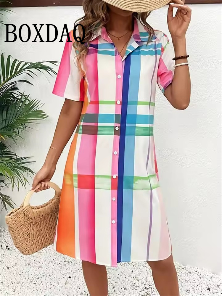 Robe d'été pour femmes, mode géométrique imprimée, manches courtes, robe de soirée élégante, décontractée, boutons, chemises à revers, 2025