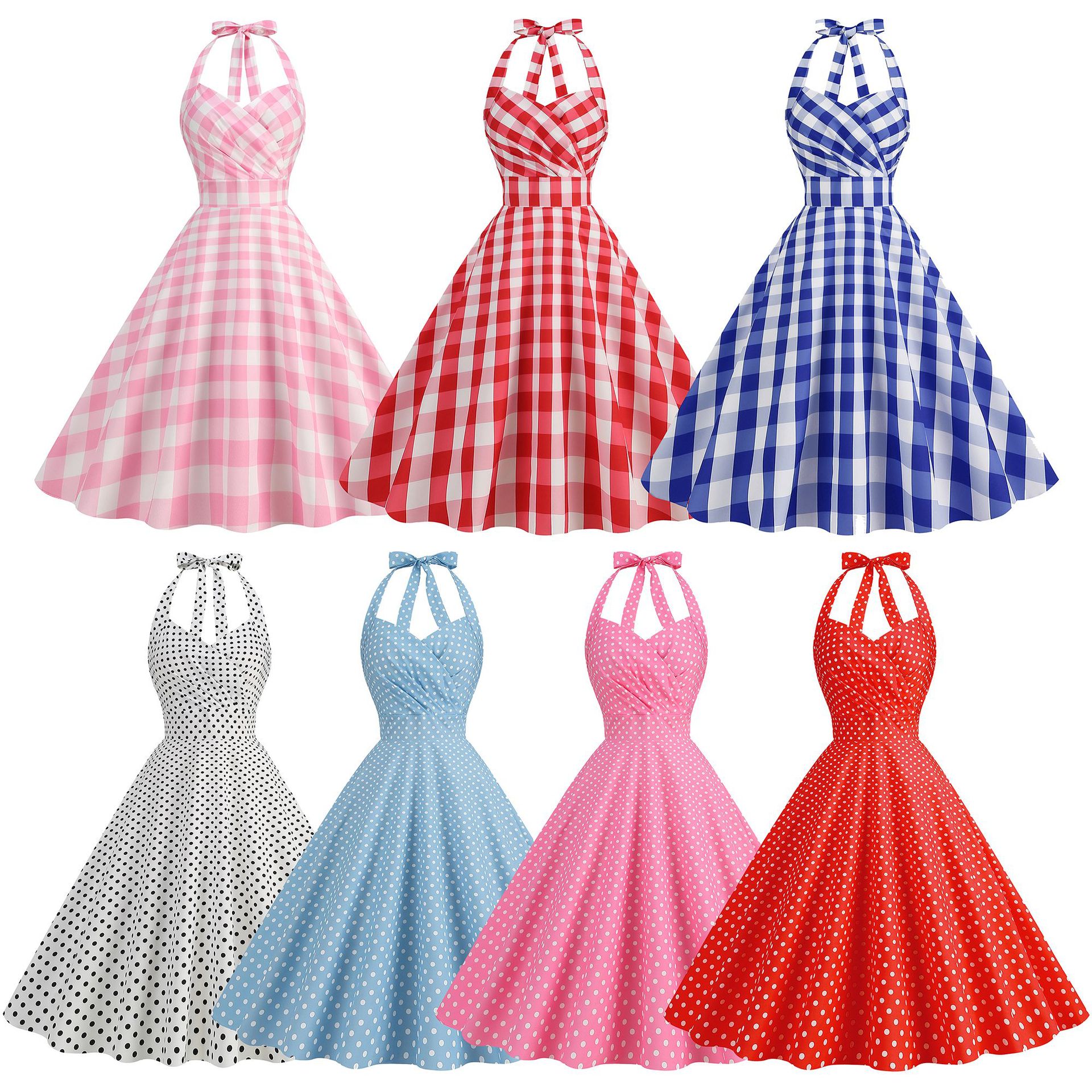 Robe Vintage Années 50-60 à Pois Imprimés, Dos Nu, Col Halter, pour Cérémonie et Soirée, Robe d'Été Femme, Corset au Dos, Style Rockabilly Swing