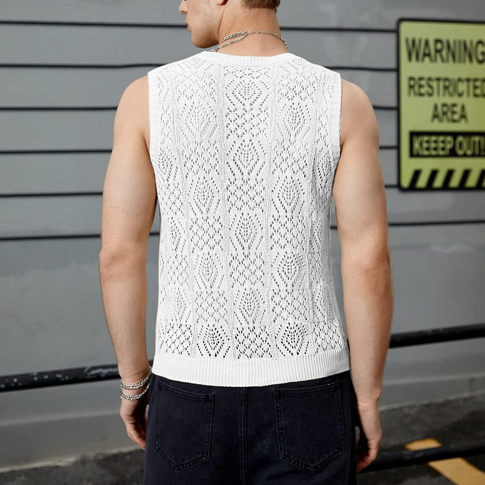 Hauts de plage pour hommes, gilet tricoté ajouré, col rond, sans manches, vêtements masculins avec dessins, Camiseta Sin Mangas Hombre