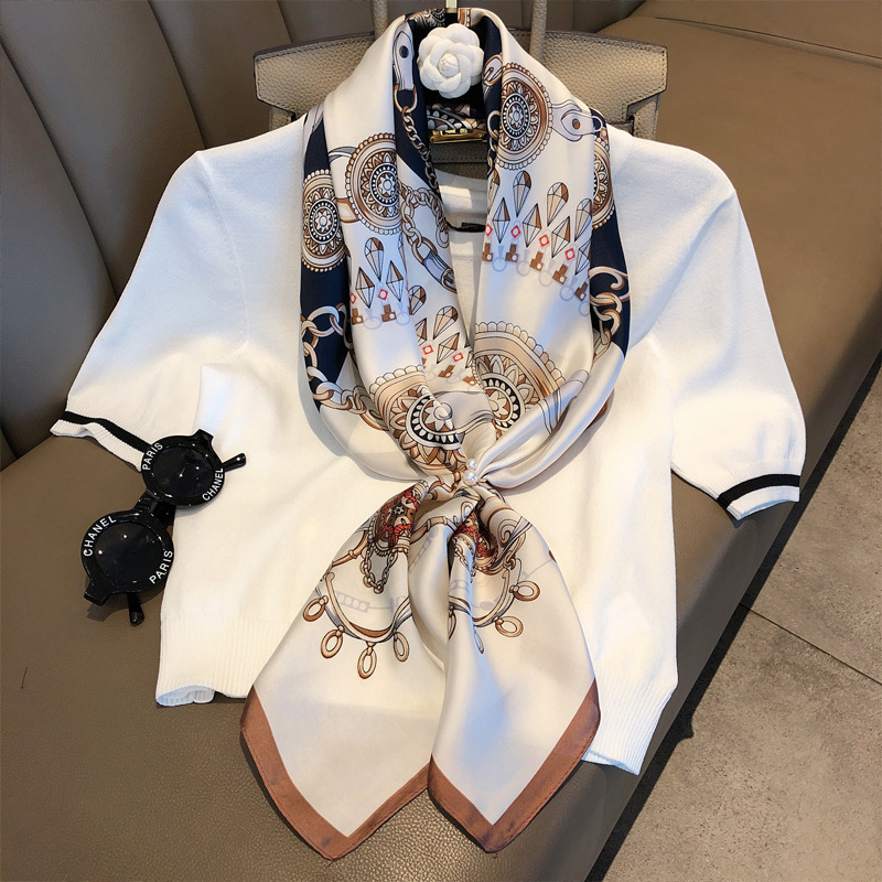 Foulard de luxe en soie imitée pour Femme, grand châle imprimé, écharpe carrée, Bandana, 90x90cm