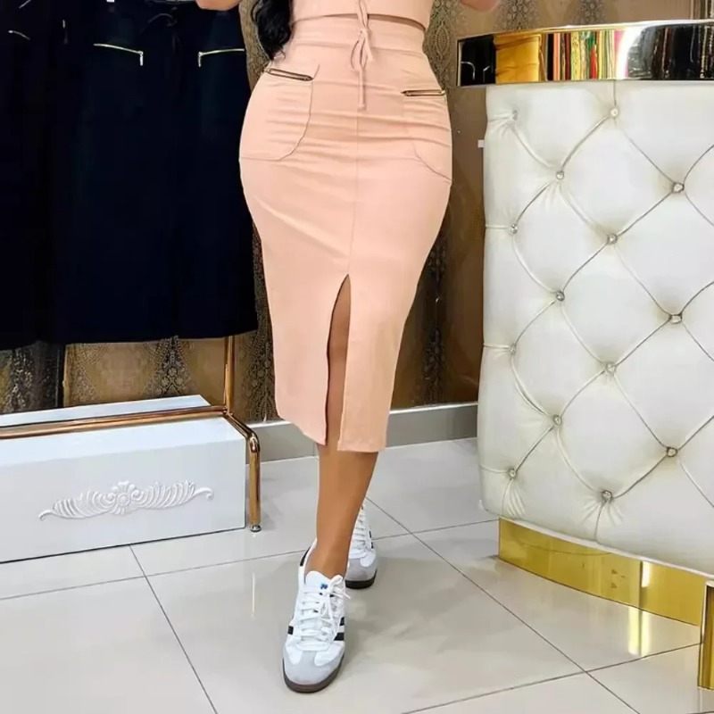 Ensemble jupe personnalisée pour femmes, ensemble deux pièces, coupe cintrée, Sexy, fermeture éclair, col rabattu, solide, manches courtes, hauts enveloppants aux hanches, jupe mi-longue