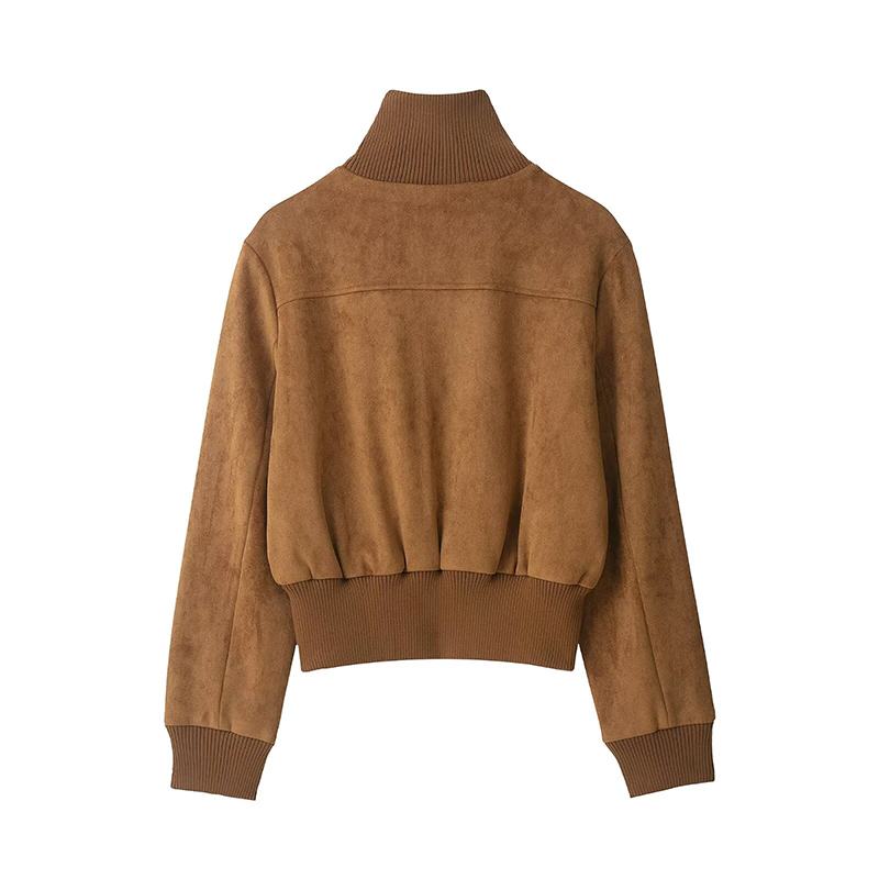 Vestes et Manteaux pour Femmes : Nouvelle Collection – Blouson Court en Suédine Côtelée Tendance, Col Montant, Manches Longues – Idéal Automne Hiver