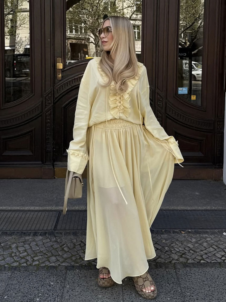 HH femmes élégant jaune volants à lacets Blouse jupes ensembles à manches longues col en V chemise plissée jupe Midi 2025 femmes tenues