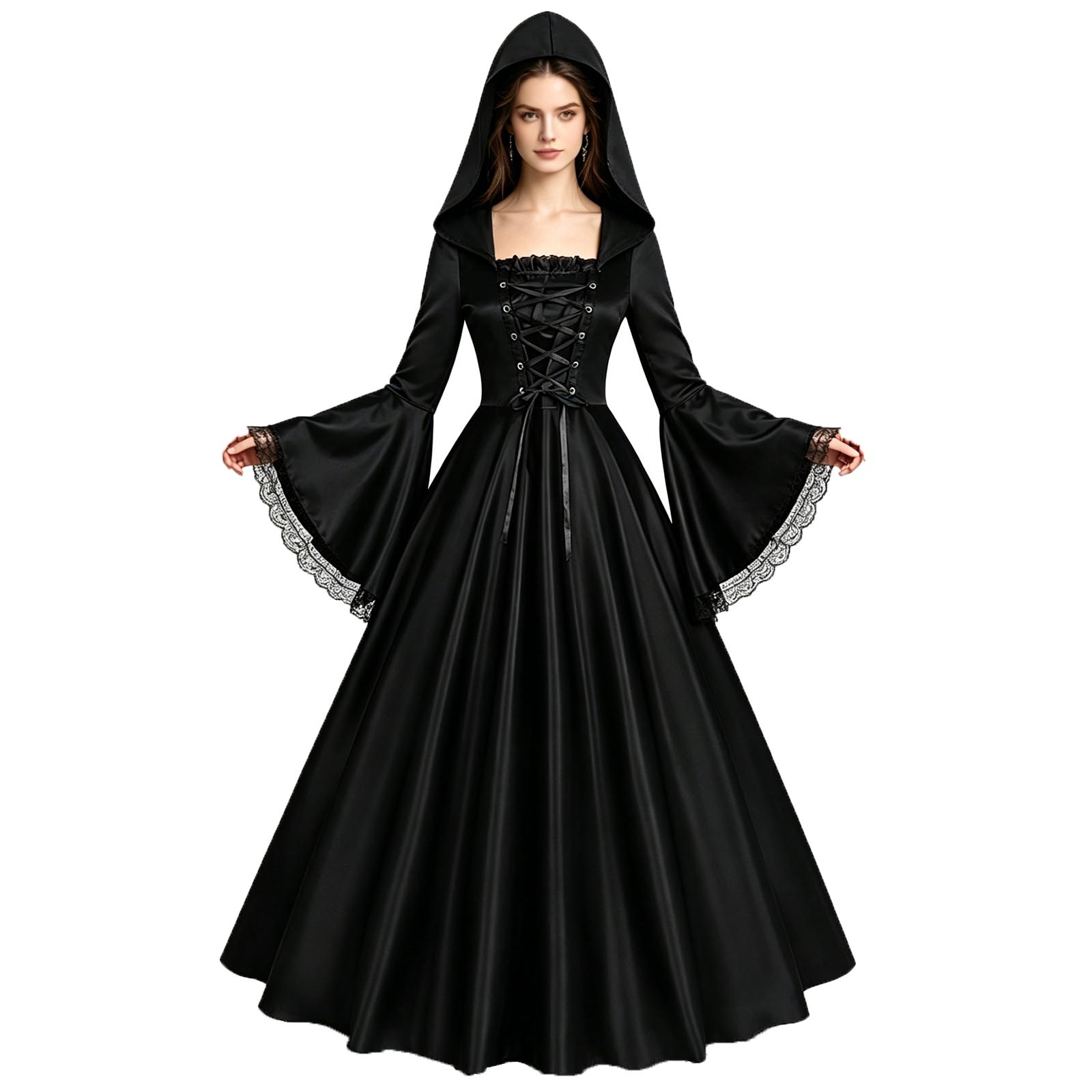 Robe longue médiévale gothique à capuche pour femme, style rétro, avec lacets, manches trompette, robe de danse rétro, robe victorienne pour fête