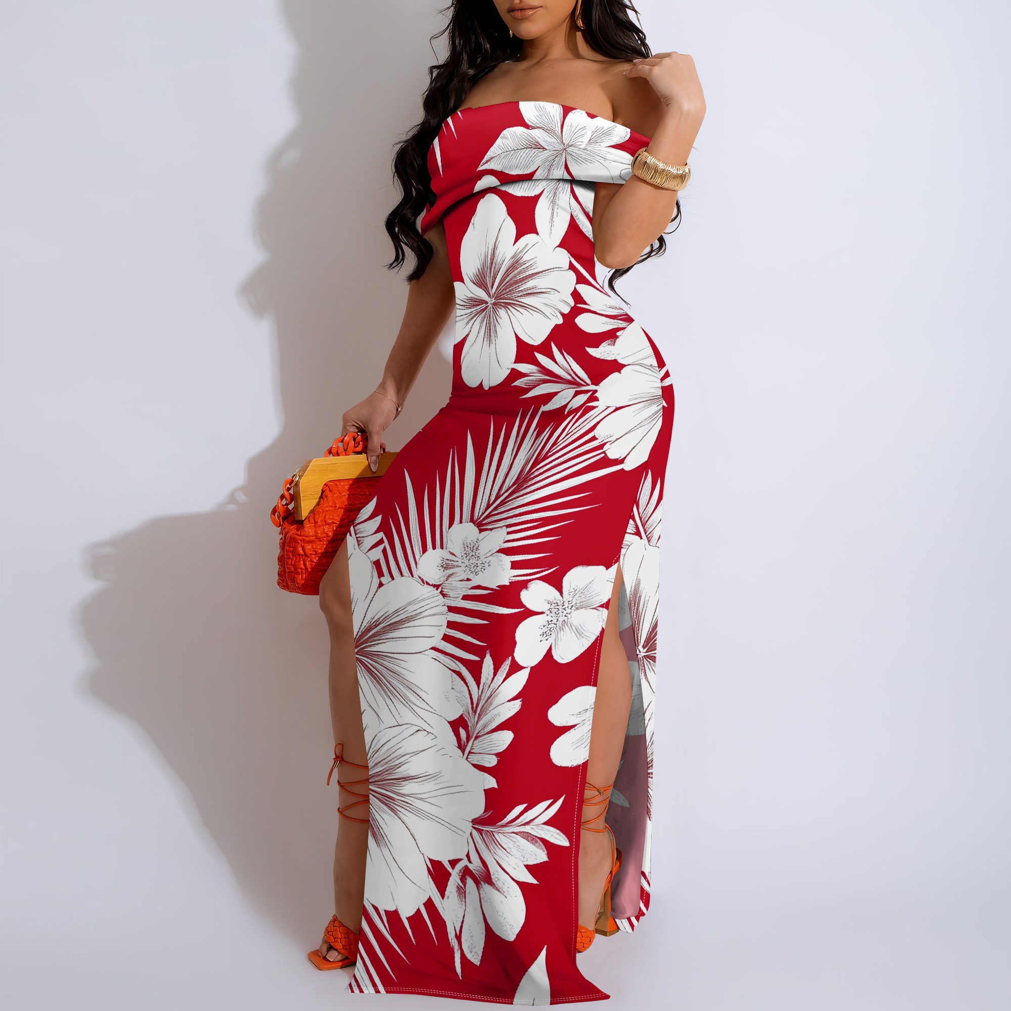 Robe Maxi imprimée à manches courtes pour femmes, épaules dénudées, fentes des deux côtés, ample et décontractée, mode d'été