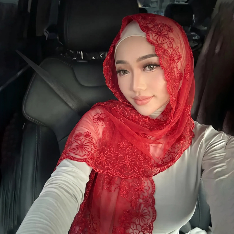 Hijab musulman brodé en dentelle pour femme, foulard en mousseline transparente à motif floral, voile islamique, bandana, accessoire de prière quotidienne