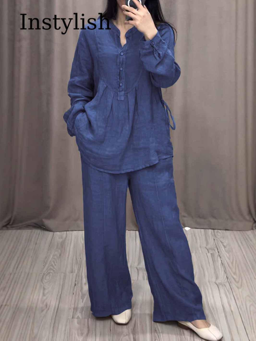 Ensemble 2 pièces en lin pour femme, chemisier à col en V et manches longues boutonnées, pantalon large, décontracté, uni noir, vêtements de détente, printemps automne