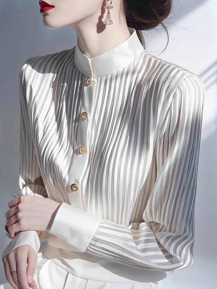 Chemise en mousseline de soie pour femmes, nouveau Cardigan Unique à manches longues avec boutons rayés contrastés gris, printemps