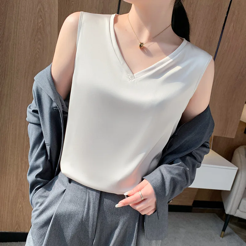Débardeur d'été en soie pour femme, col en V, épaules larges, couleur unie, sans bretelles, pour le quotidien