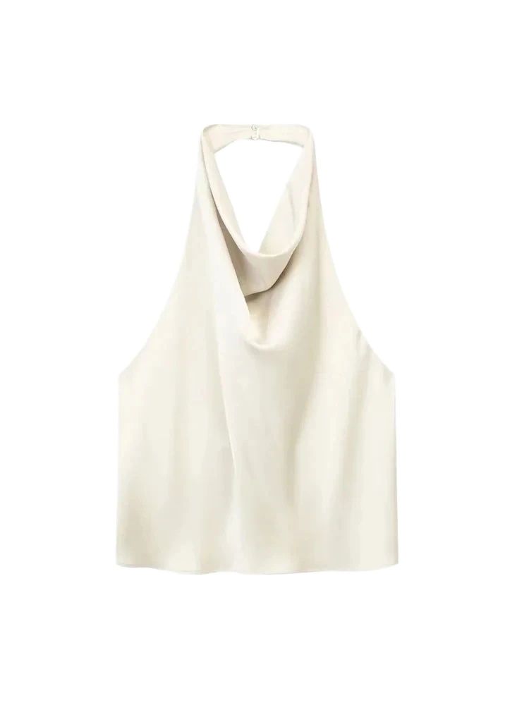 Femmes mode Satin fluide licou débardeurs Sexy dos nu avec bouton femme Camis Mujer