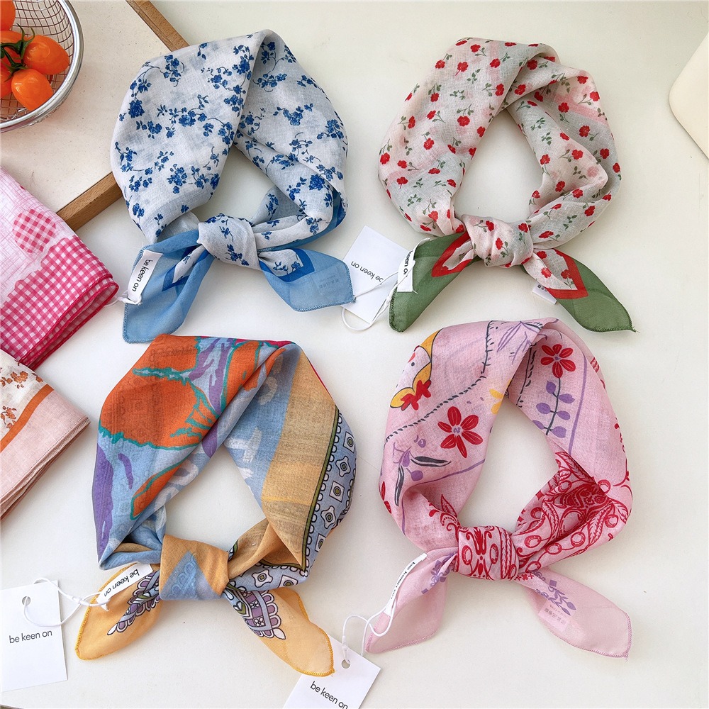 Foulard carré 55 cm, décontracté, à imprimé floral, bandana, foulard de tête, accessoires pour cheveux