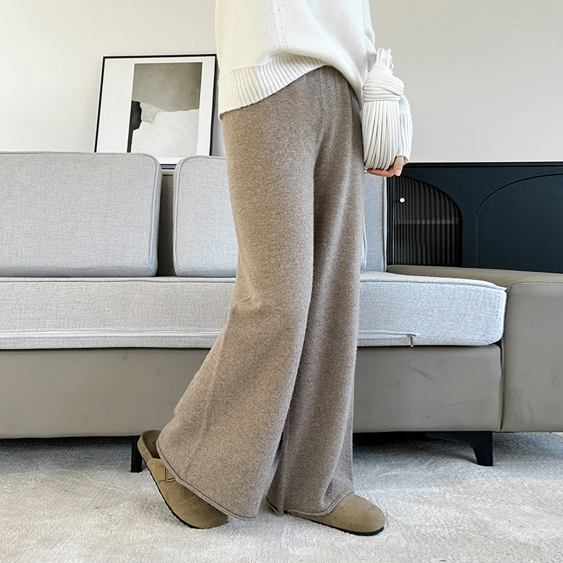 Pantalon décontracté en pure laine tricotée pour femme, nouvelle collection automne/hiver 2026, uni, taille haute, ample, chaud, à ourlet, jambe large, long