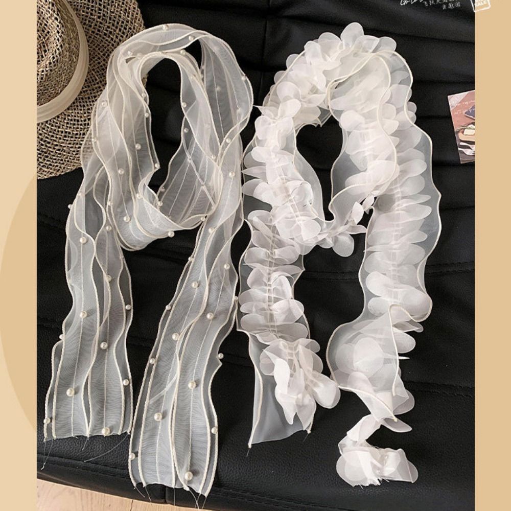 Nouveau Foulard Blanc en Dentelle avec Pétales et Perles, en Organza Français, Long et Fin, Accessoire de Mode