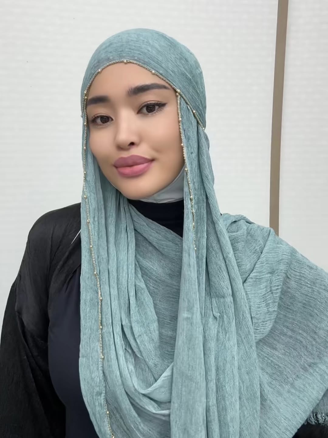Élégant foulard en rayonne plissé rétro avec chaîne dorée perlée, châle de Ramadan, turban doux pour femmes musulmanes
