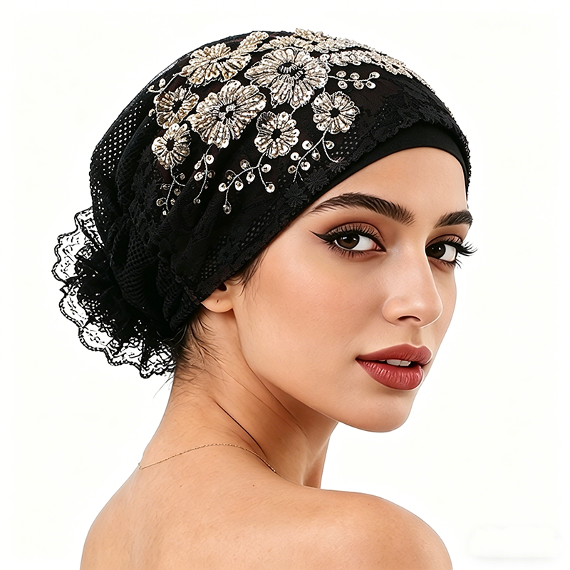 Nouveau Turban en dentelle florale brodée pour femme, Foulard musulman, Bonnets, Hijabs intérieurs prêts à porter