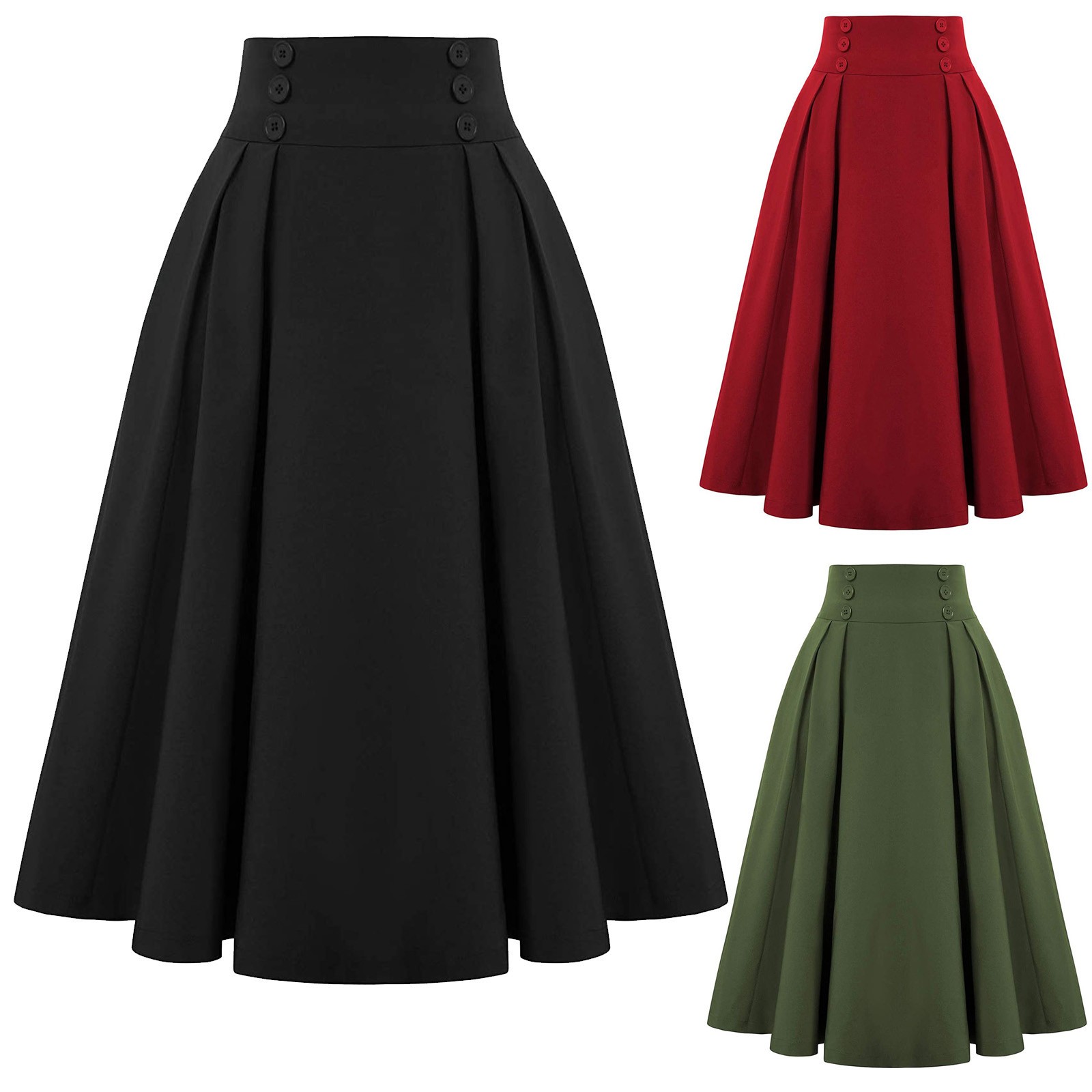 Jupe longue plissée évasée taille haute style rétro années 50 Hepburn pour femme, avec double rangée de boutons, coupe trapèze, élégante pour les soirées