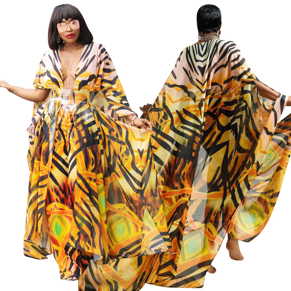 Robes Africaines Transparentes en Mousseline de Soie pour Femme, Sexy, Col en V, Imprimé Bohème, Maxi, Kimono Africain, Bikini, Vêtements de Plage, Vacances