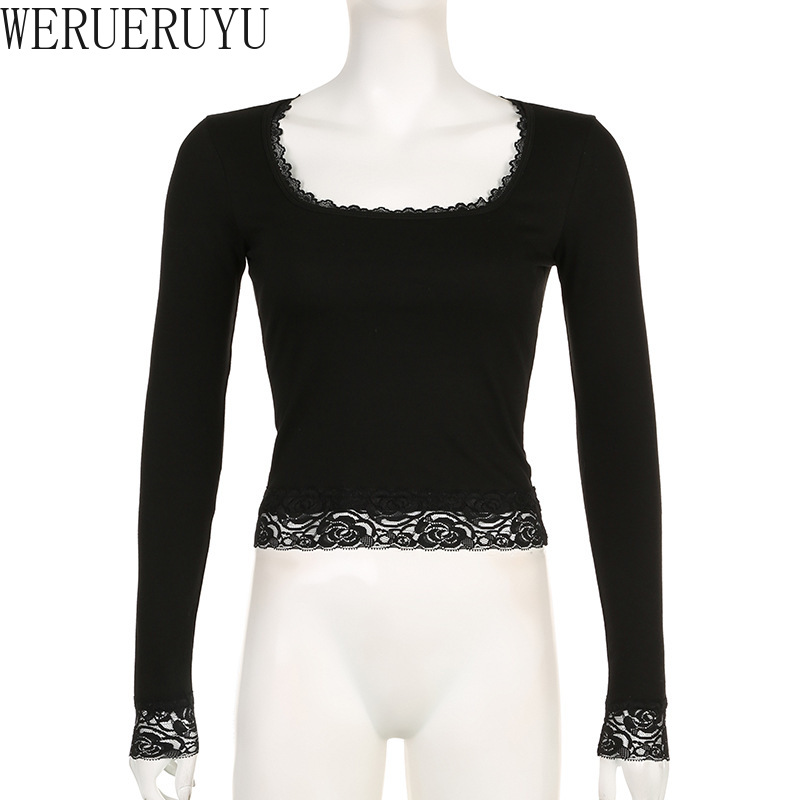 T-shirt manches longues en dentelle pour femme, haut court, Sexy, vêtements de printemps et d'automne, Streetwear Y2K, noir, blanc, rose, T-shirts courts pour femmes