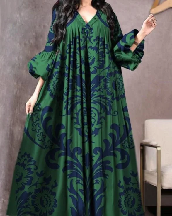 Robe imprimée Vintage pour femmes, respirante, ample, moyen-orient, décontractée, manches longues, col en v, Abayas musulmanes amples pour femmes