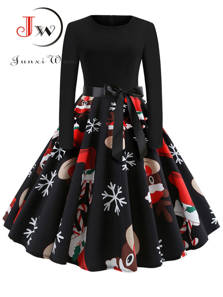 Robes de Noël d'hiver pour femmes, style vintage années 50-60, robe swing pin-up élégante, robe de soirée à manches longues, imprimé décontracté noir