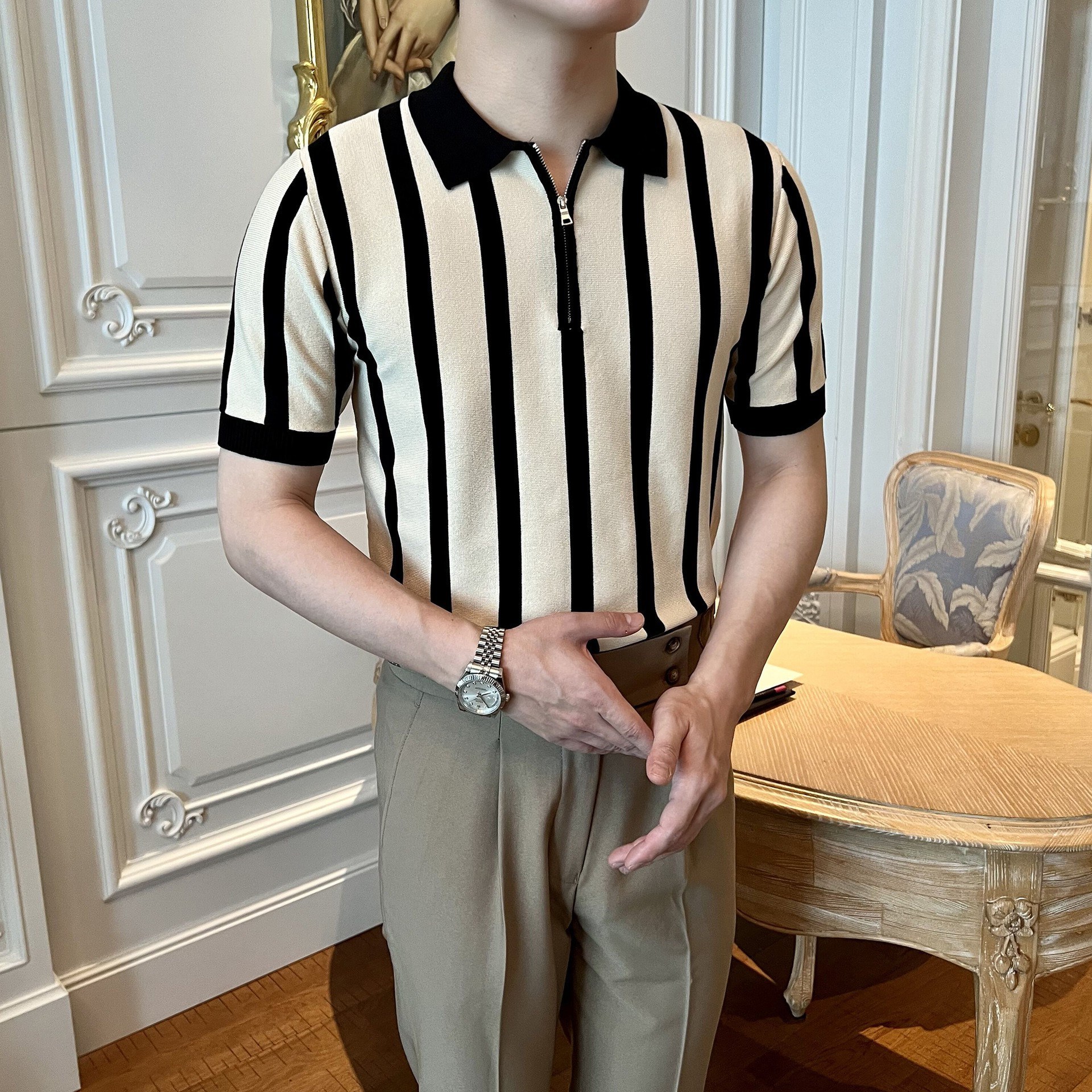 Polo rayé à manches courtes pour hommes, vêtements de loisirs, t-shirts rétro, tricots respirants, mode coréenne, luxe abordable, fermeture éclair