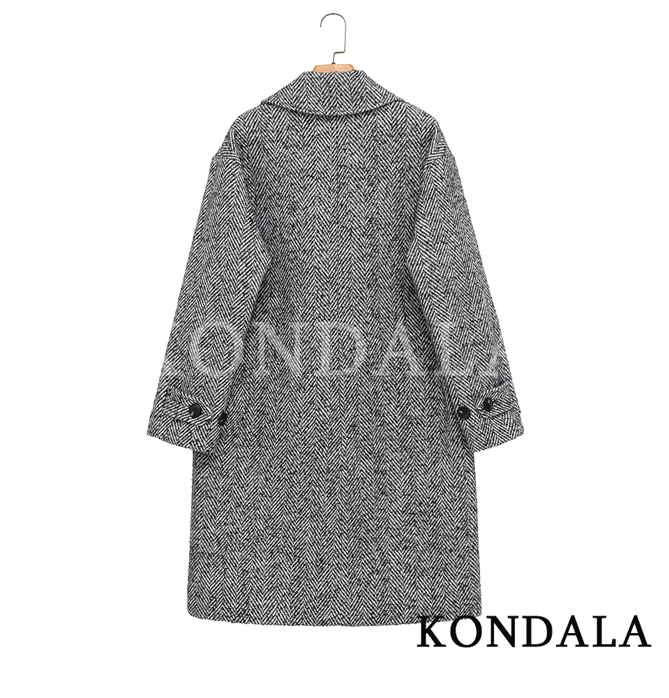 KONDALA femmes trajet chevrons motif manteau automne hiver revers boutons Midi manteau 2025 mode femme décontracté gris Long manteau