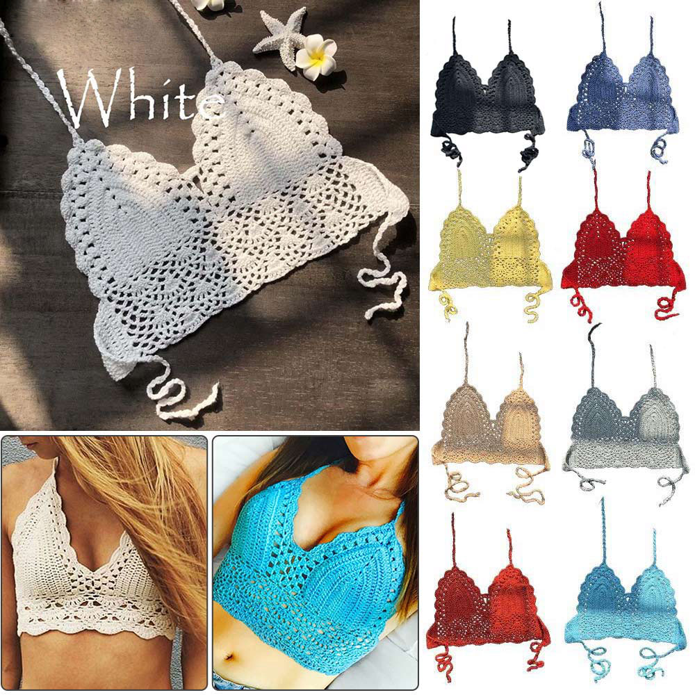 Soutien-gorge de plage sexy, col licou, glaCrochet, Crop Top, Bralette en tricot, Boho, Camisoles de plage, Bikini, Précieux, Dos nu, Y-Wear