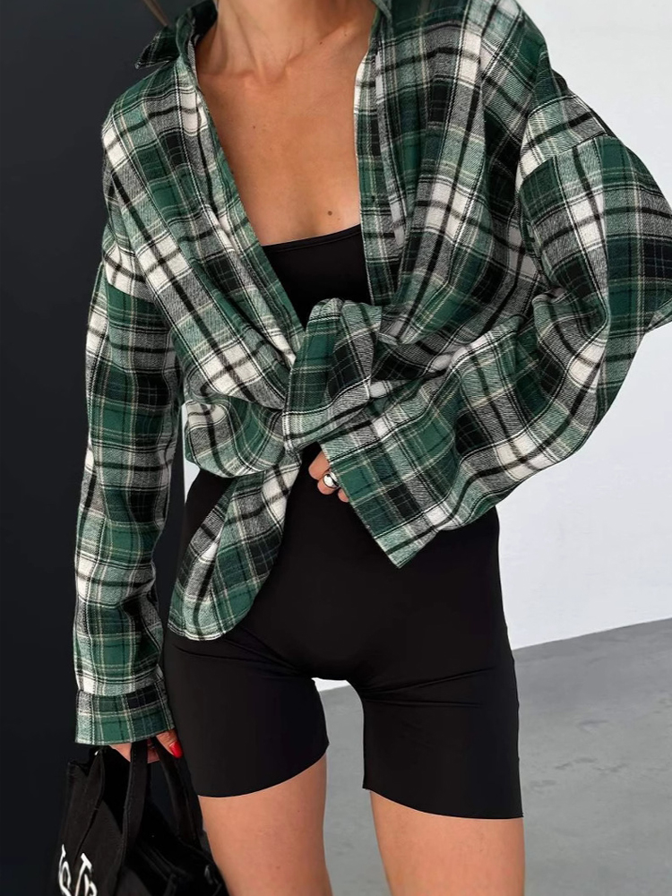 Chemise à carreaux vintage pour femmes, haut à manches longues, vêtement d'extérieur printemps-automne, chemise décontractée à simple boutonnage, chemisier ample en coton 2027