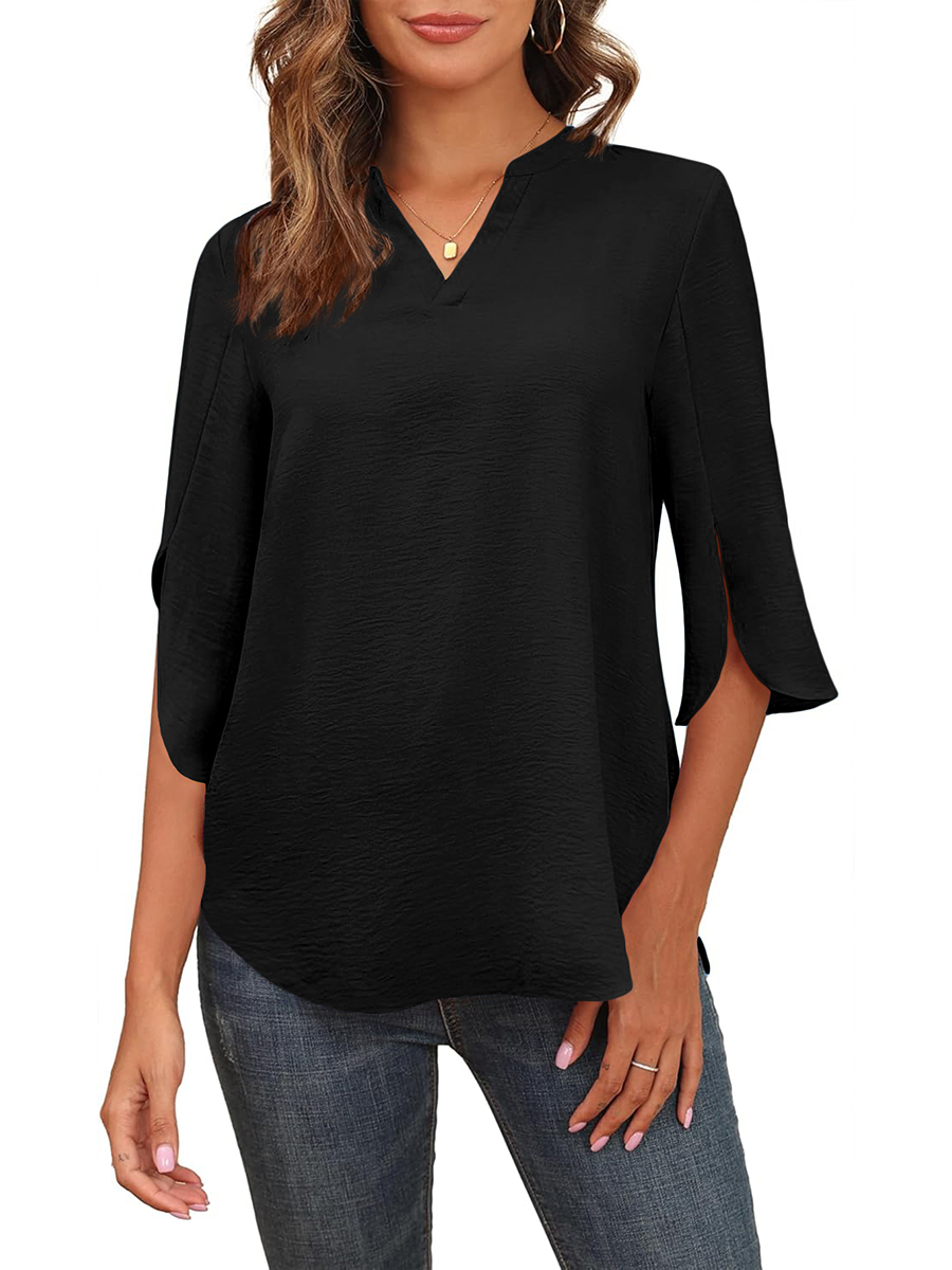 Chemisier chic noir pour femme à manches 3/4, col en V, manches cloche fendues, coupe ample et décontractée, texturé, élégant pour le travail ou le quotidien