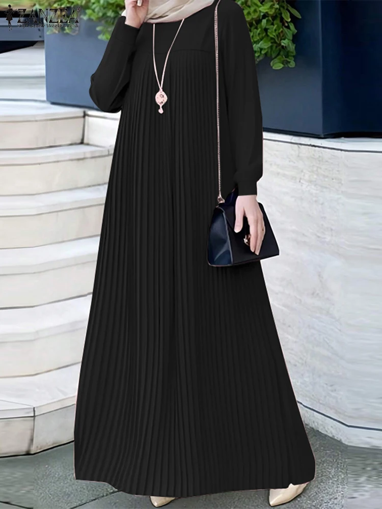 2025 ZANZEA musulman Abaya Hijab Robe femmes élégant à manches longues plissé Robe d'été dubaï Maxi Robe mode décontracté islamique vêtements