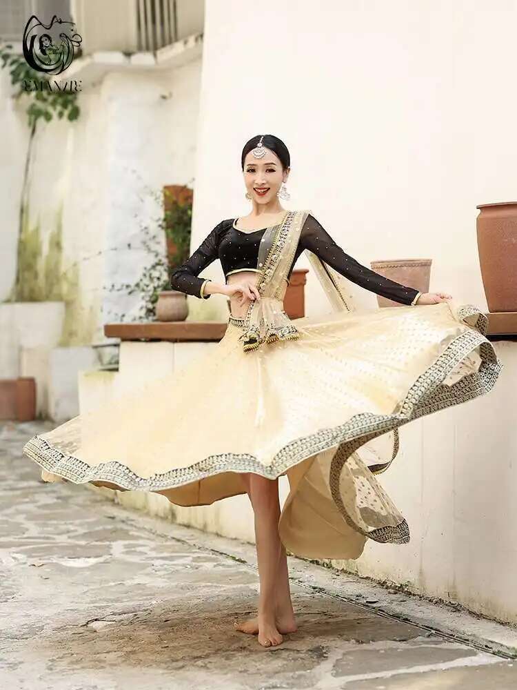 Nouveau Yiman robe de danse indienne exotique Style ethnique femme danse du ventre écharpe haut grande jupe pivotante ensemble Lengha