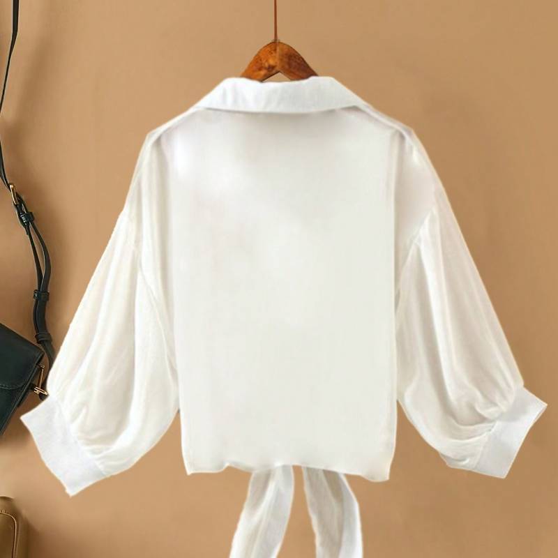 Nouveau chemisier femme |   Léger et transparent, revers avec cravate, couleur unie, manches longues, chemise d'extérieur pour protection solaire