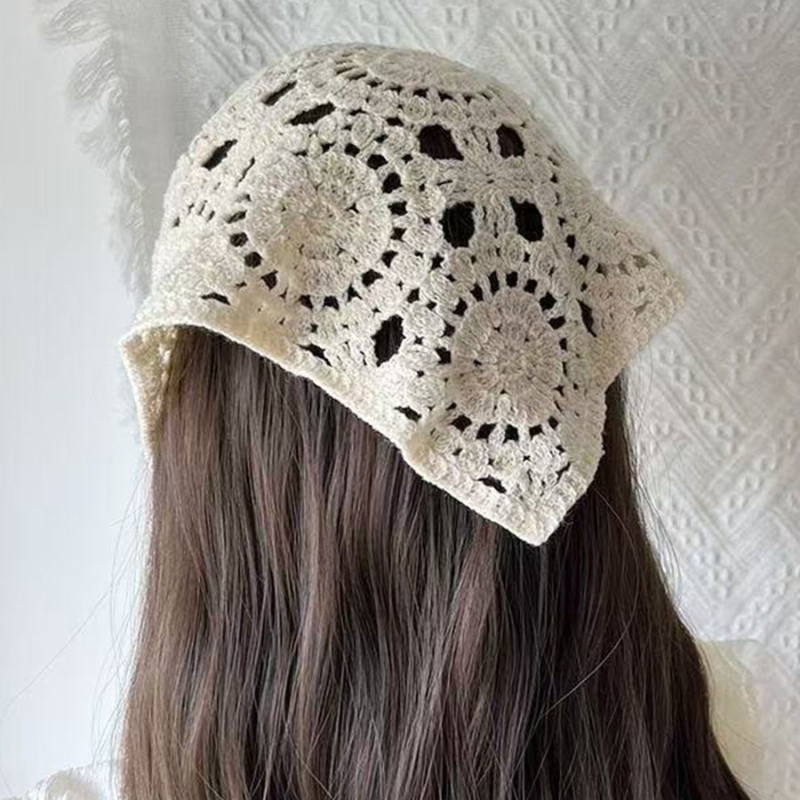 Foulard triangulaire en crochet pour femme, fait main, en dentelle, style japonais, tricoté ajouré, style champêtre doux, accessoires pour cheveux