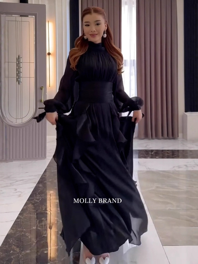 Robes de soirée pour femmes, mode taille haute plissée, décontractée, col haut, couches, robe de Banquet, élégante, manches longues, robe de soirée