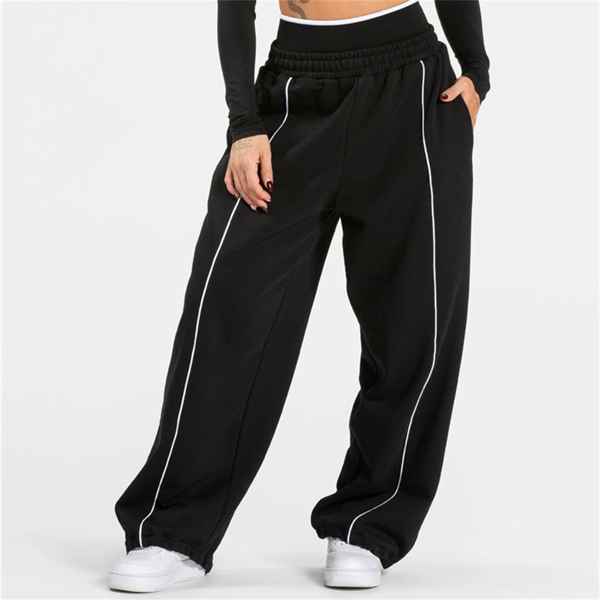 Pantalon de jogging droit pour femme, pantalon de sport tendance, pantalon de course et de yoga, pantalon décontracté à poches, pantalon ample taille basse à jambe large pour femme