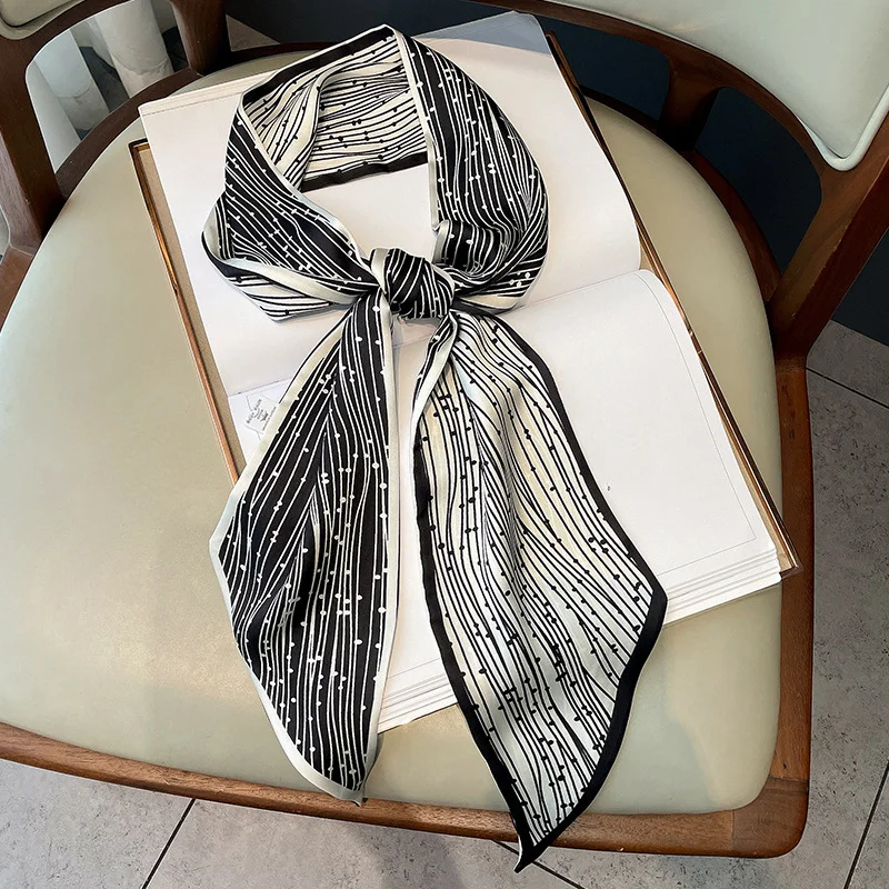 Printemps/été luxe longue foulard en soie femme imprimer mince foulard étroit sac bandeau de cheveux ruban écharpes femmes Imitation soie foulard