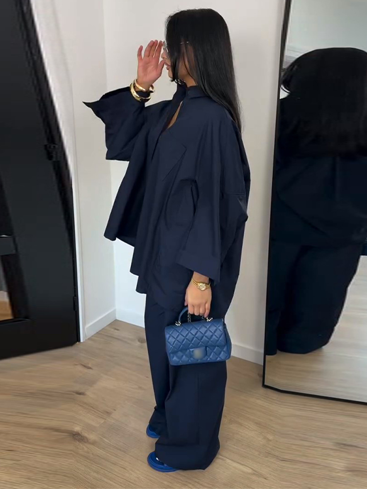 Nouvel ensemble décontracté pour femme : chemise unie à revers et manches longues avec poches et pantalon droit taille haute