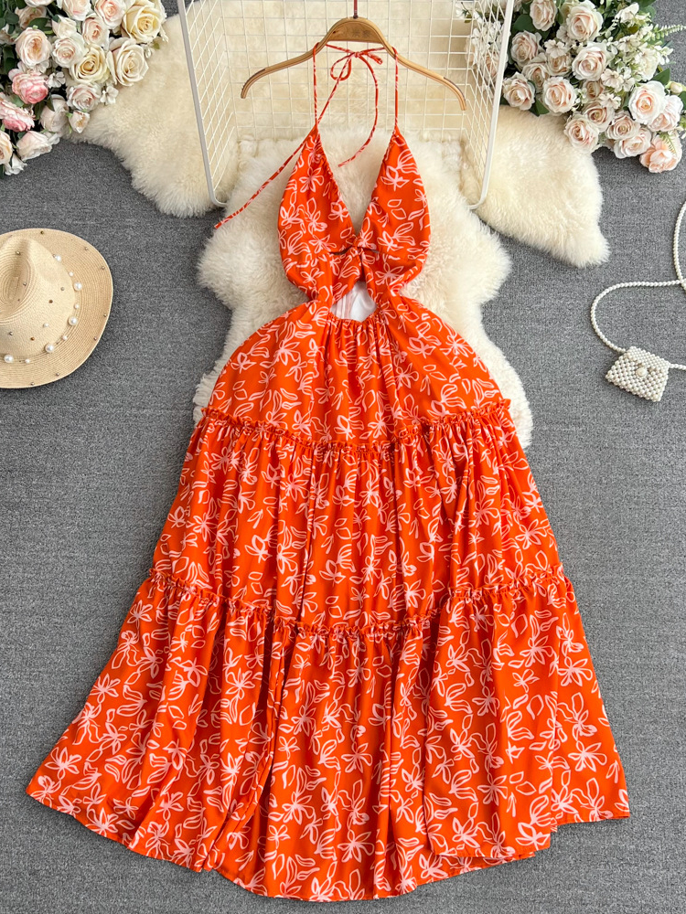 Robe Longue de Plage pour Femme, Tenue de Soirée Sexy, Col en V, Dos aux, Imprimé Floral, Orange, Style Boho