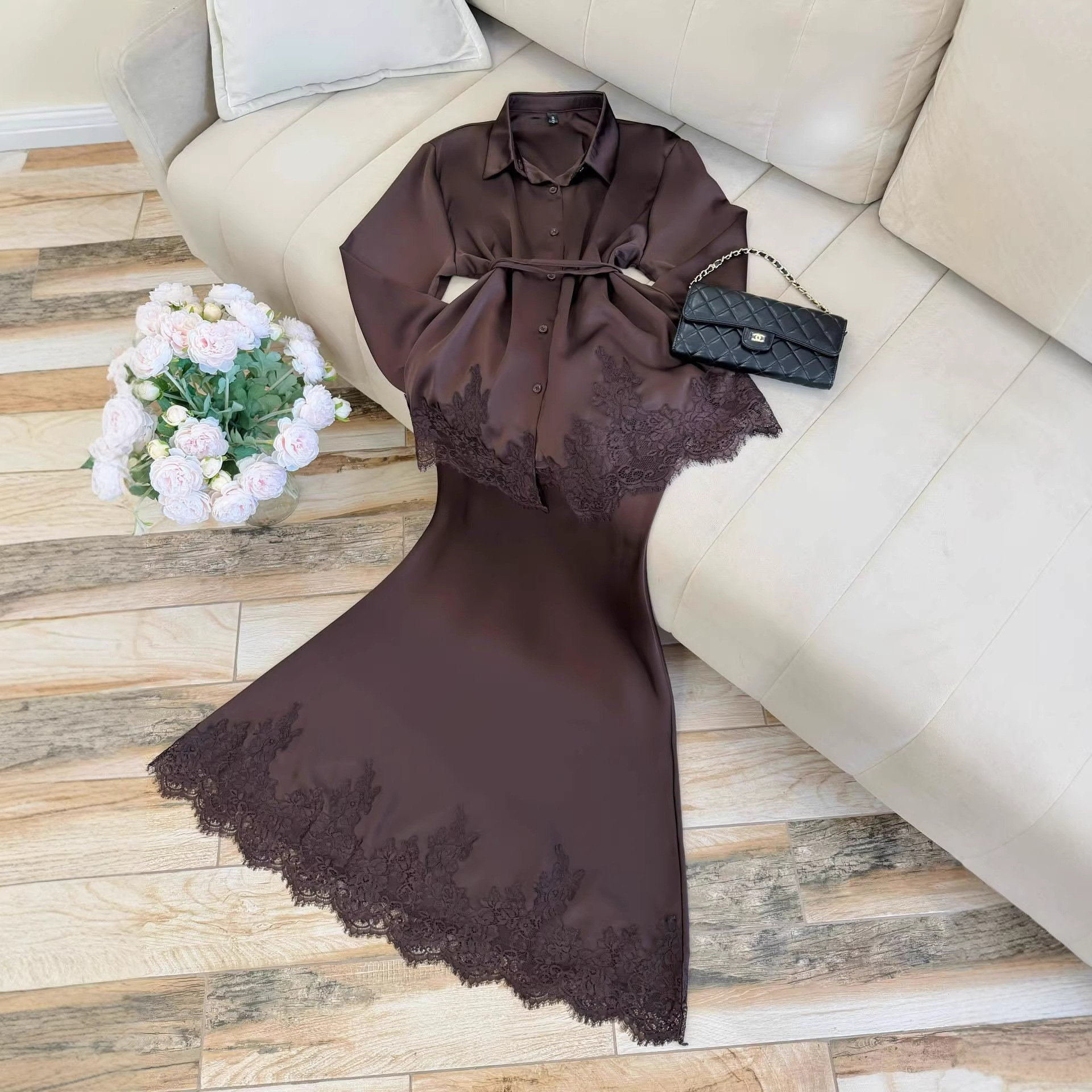 Ensembles deux pièces pour femmes : Hauts à manches longues en dentelle à col rabattu et jupes longues taille haute – Style streetwear élégant pour le travail