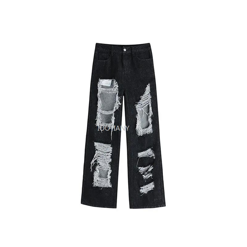 Jean gothique noir pour femmes, Style fille, Design de rue, pantalon déchiré effiloché des deux côtés, taille haute, Vintage, mode Y2K