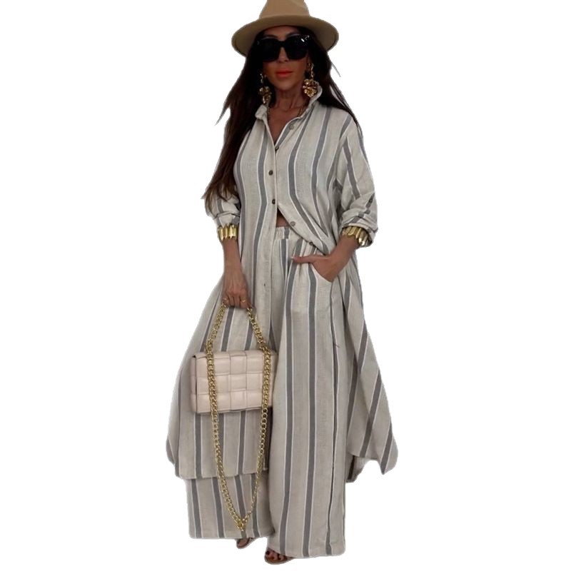 Femmes musulmanes 2 pièces Ensemble chemise rayée haut pantalon à jambes larges costume simple boutonnage poches pantalons tenues 2025 automne Ensemble