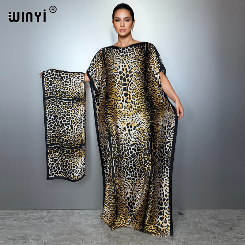WINYI Robe traditionnelle africaine musulmane pour femme, Abaya Dubaï, Kaftan de luxe, Robe de soirée, Imprimé léopard, Robe longue, Tenue de plage