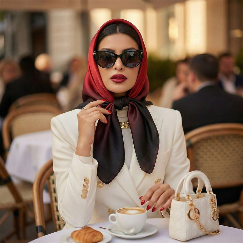 Foulard carré en soie dégradé de luxe 2026 pour femme, hijab, bandeaux pour cheveux, foulard de 90 cm, châle en satin, ruban, bandeau pour la tête