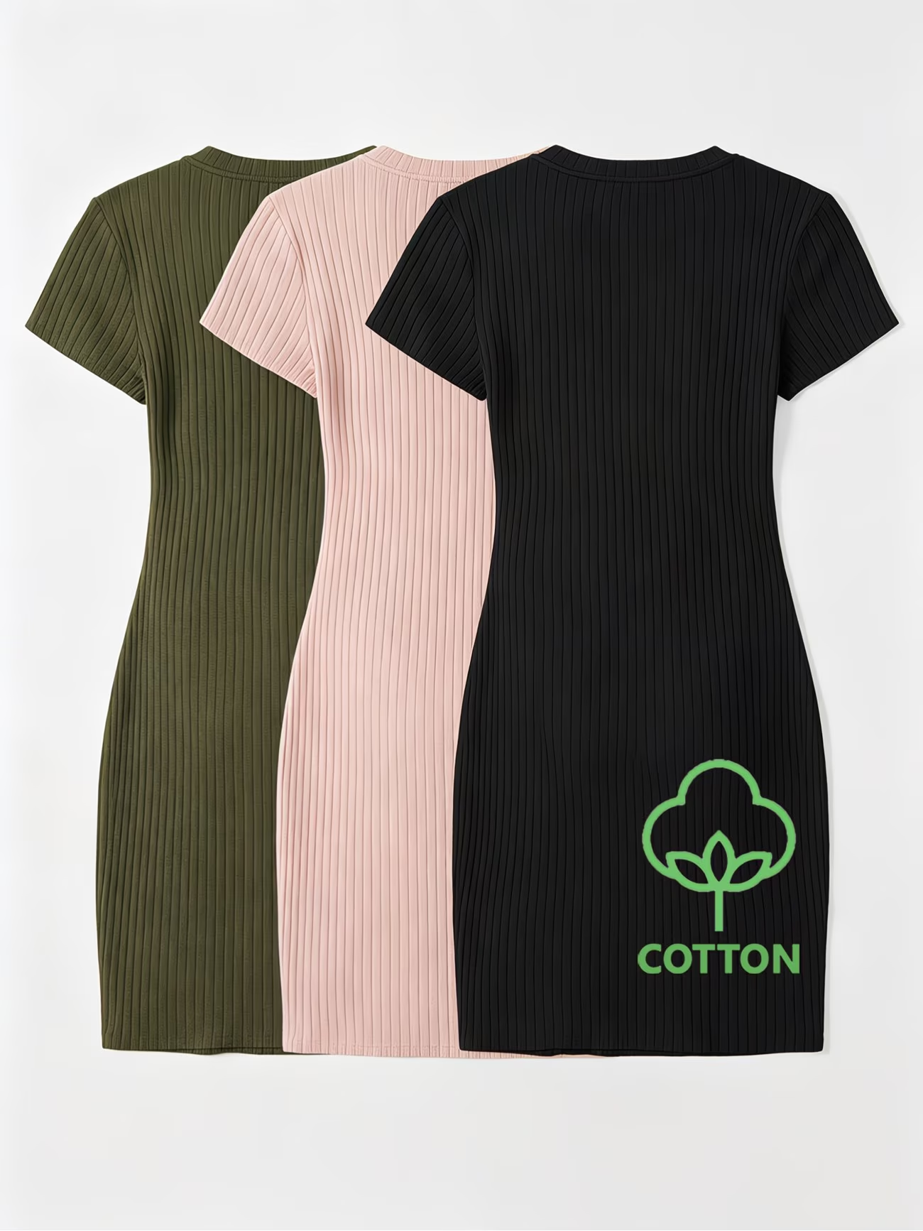 Lot de 3 Robes Décontractées Unies à Manches Courtes - Ensemble de Robes Débardeurs en Coton Côtelé Ajustées Multi-Occasions pour Tenues Quotidiennes