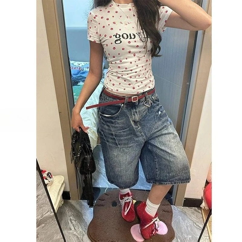 Shorts en jean délavé vintage pour femme, taille haute, coupe ample, longueur genou, style Y2K, streetwear décontracté, mode coréenne