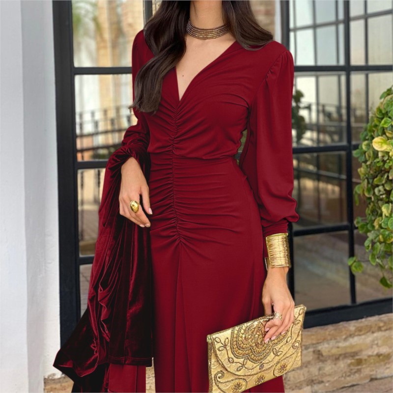 Femmes robe longue élégante moulante enveloppé noeud solide col en v à manches longues soirée Cocktail robes formelles pour les femmes