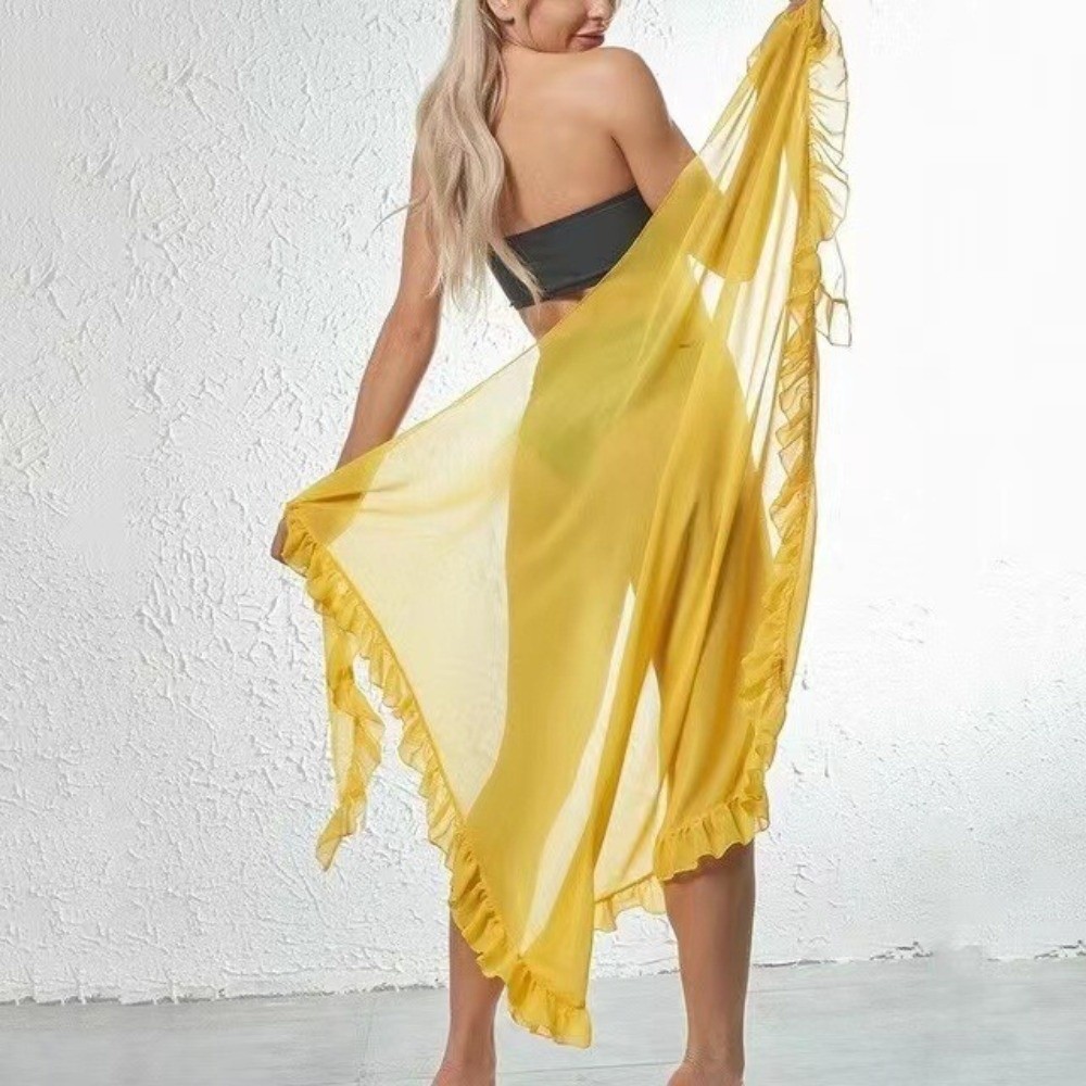 Robe de plage longue en mousseline de soie transparente pour femme, avec volants, couleur unie, protection solaire