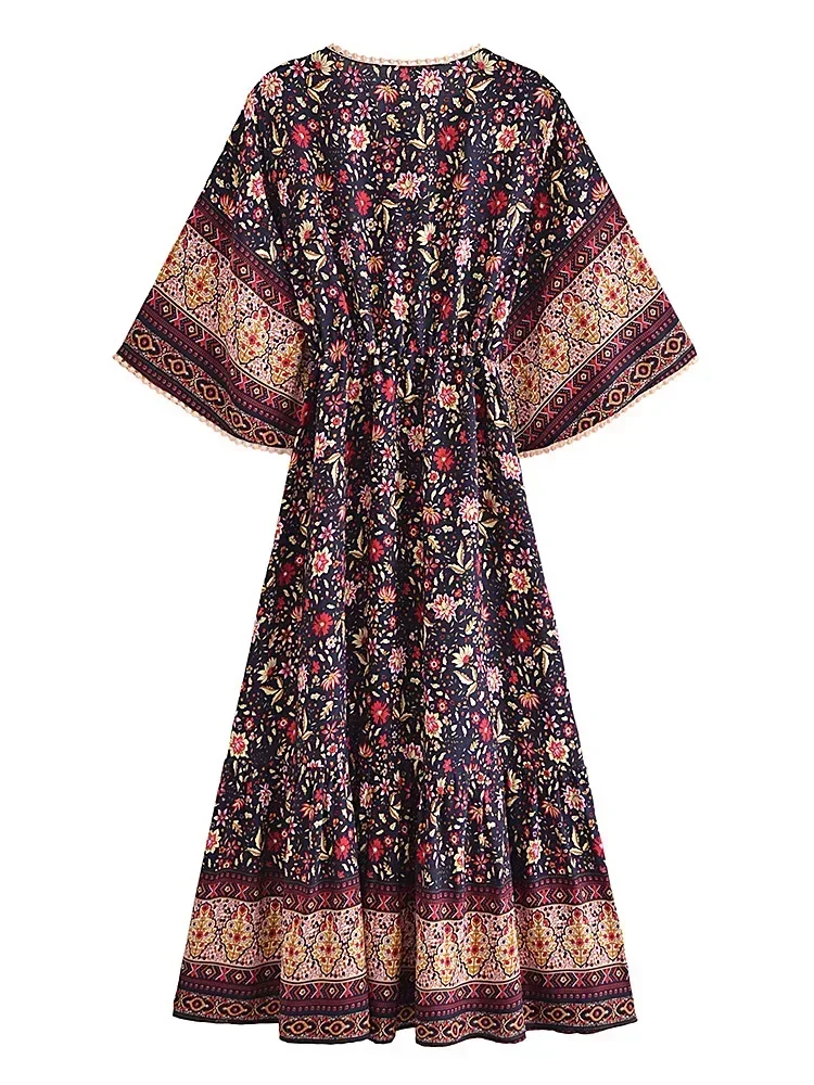 Robe maxi bohème à manches chauve-souris pour femmes, imprimé floral noir, robe de plage pour dames, robe éducative, dîner Boho, mode d'été