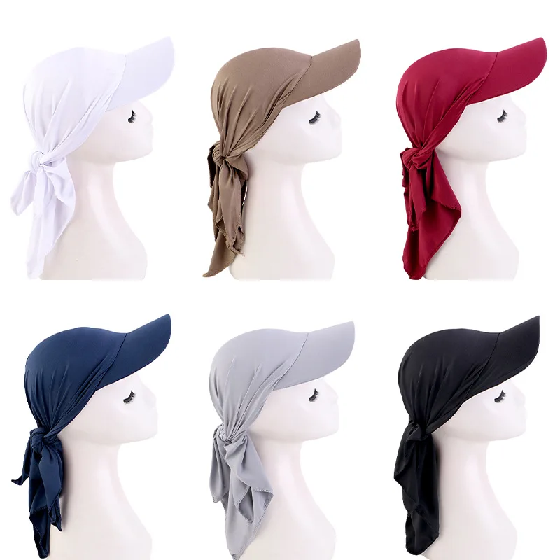 Casquette à Bord pour Femme Musulmane, Visière Solaire avec Turban artificiel astique Pré-Attaché, Foulard de Tête, Hijab, Perte de Cheveux, Chapeau d'Extérieur, Bandana, Sauna
