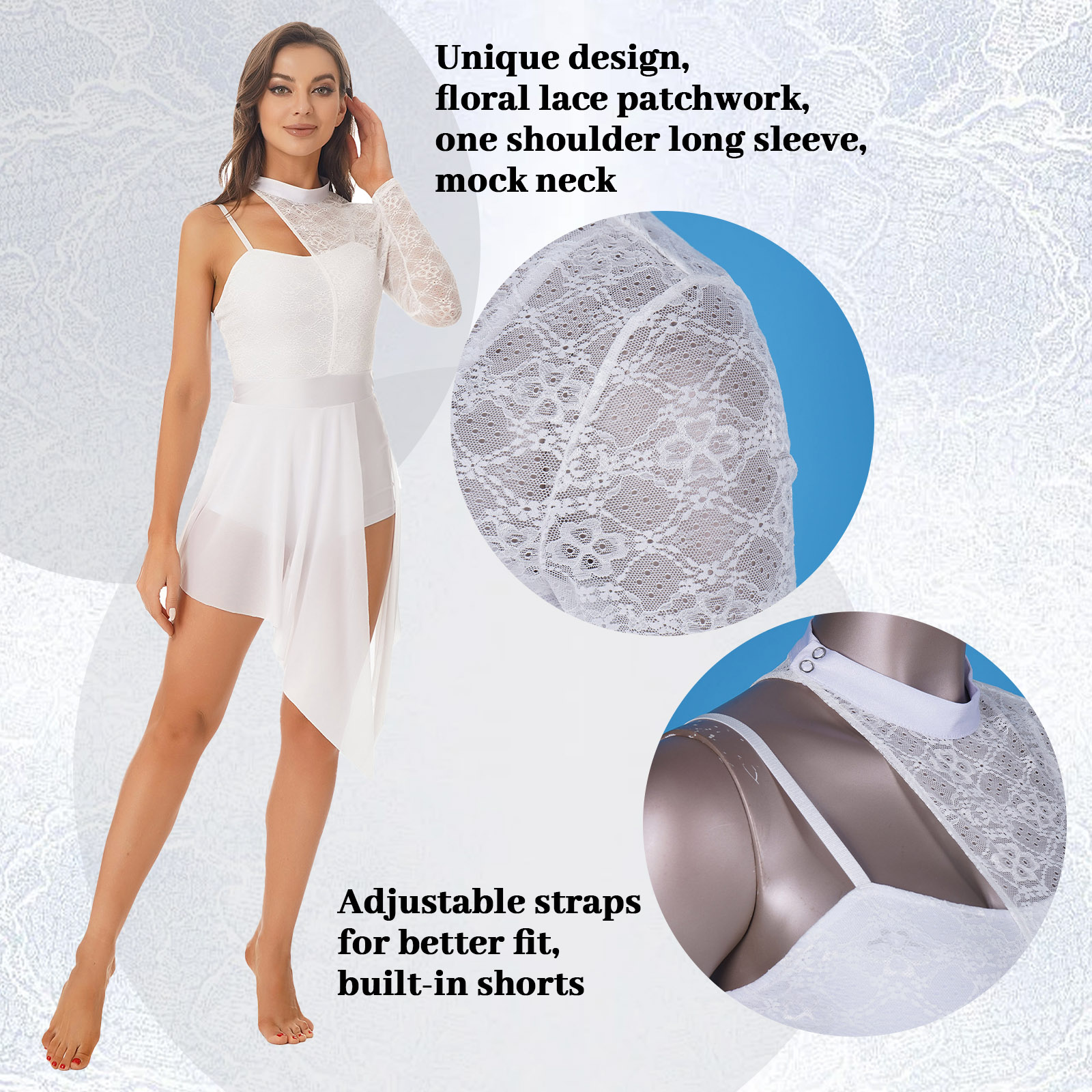 Robe de danse lyrique pour femmes, asymétrique épaule dénudée, manches longues, dentelle transparente, maille fendue, Tutu, justaucorps de patinage de Ballet, vêtements de danse de ballerine
